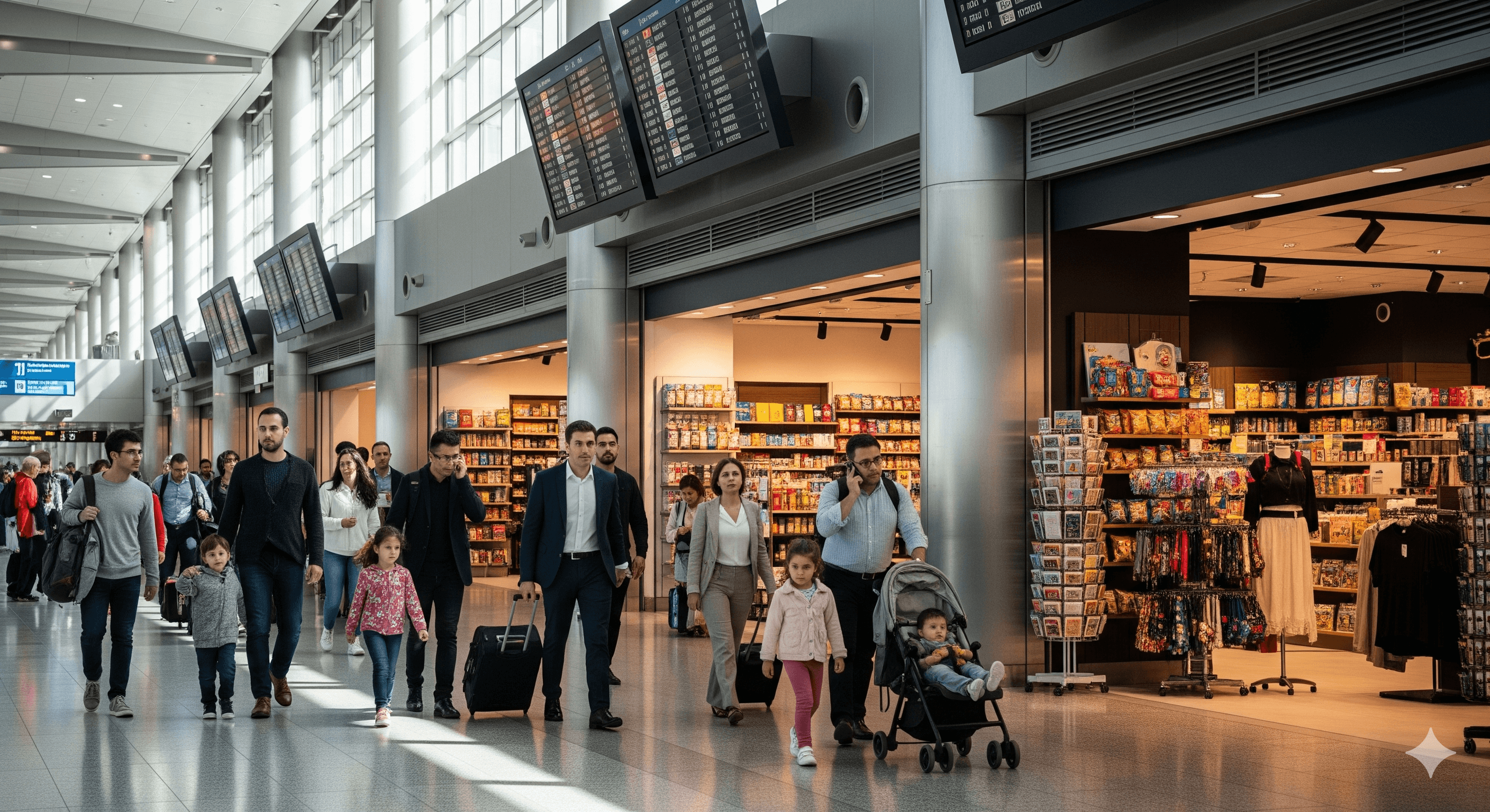 Busy airport terminal with travelers and retail stores showing complex multi-format specialty retail operations