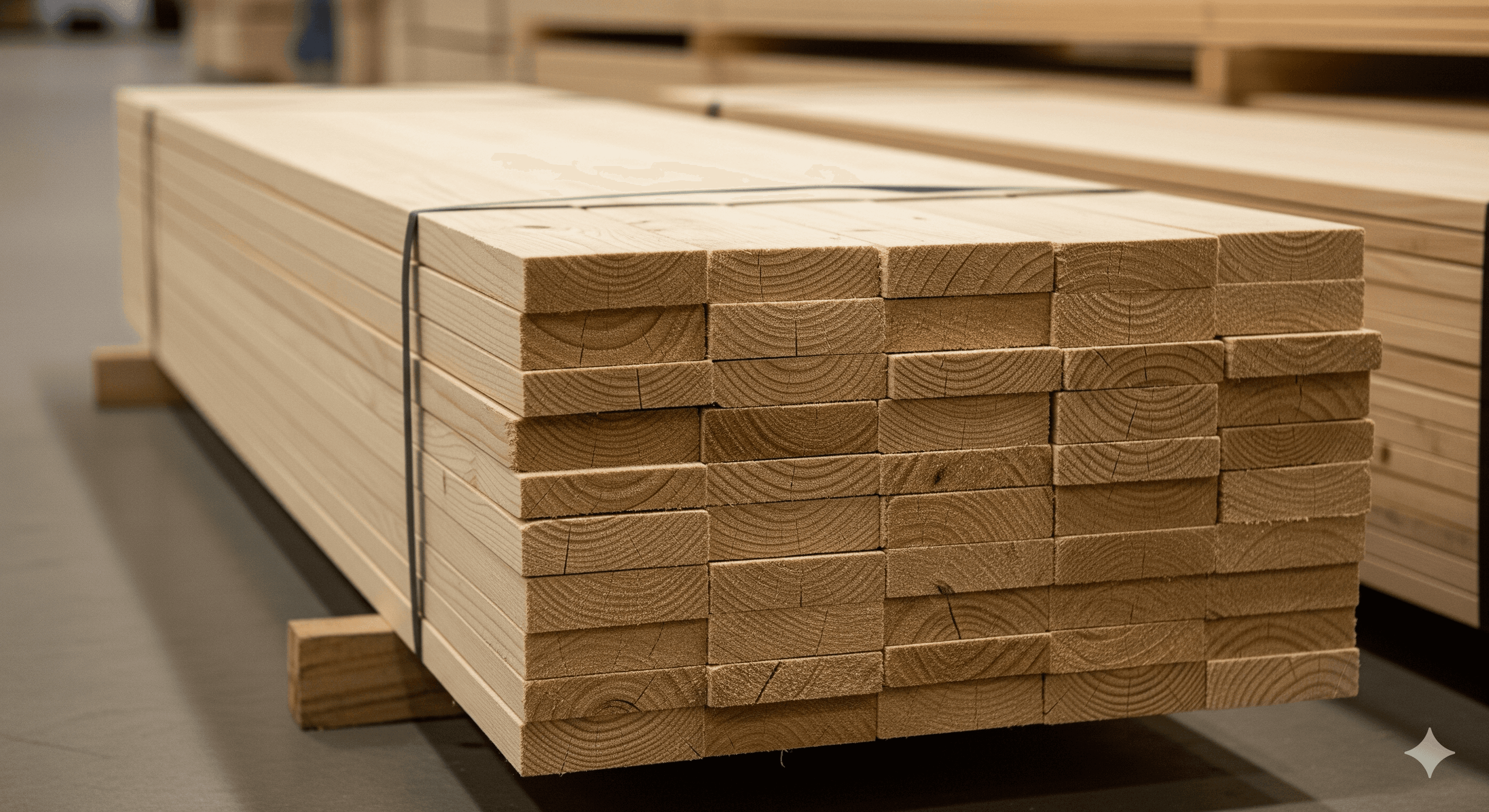 Stacked lumber and wood materials representing home improvement retail inventory and building supplies